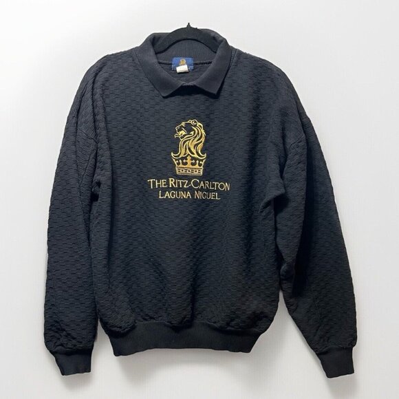 Vintage 90s Ritz Carlton Hotel Sweater Black S/M Textured Collared Laguna Niguel - Picture 1 of 8